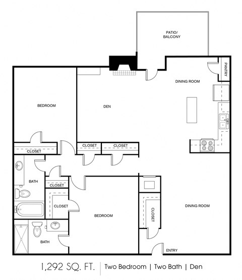 Floor plan for 2 beds, 2 baths, 1292 sqft
